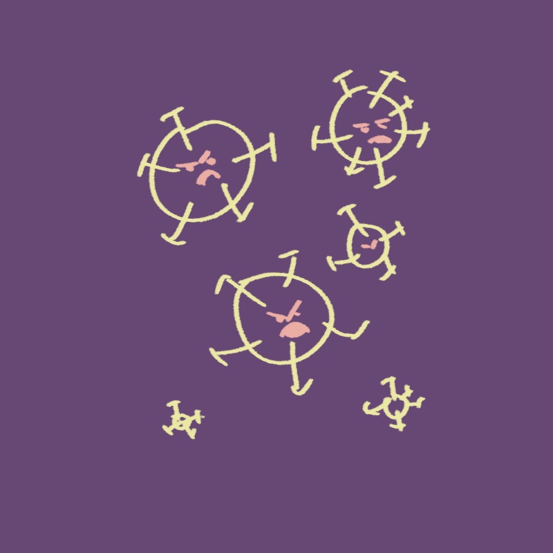 화가 난 얼굴을 한 바이러스가 돌아다니는 그림