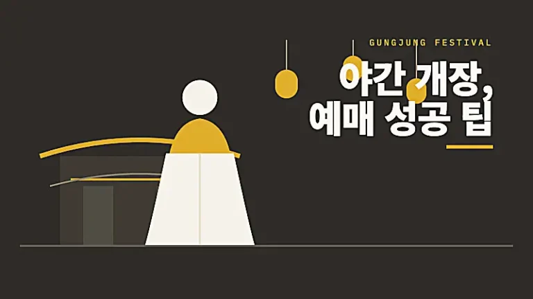 야간 조명을 받은 궁궐 처마와 청사초롱 앞에 한복 입은 인물이 서 있는 가을 궁중문화축전 야간 개장 안내 그래픽