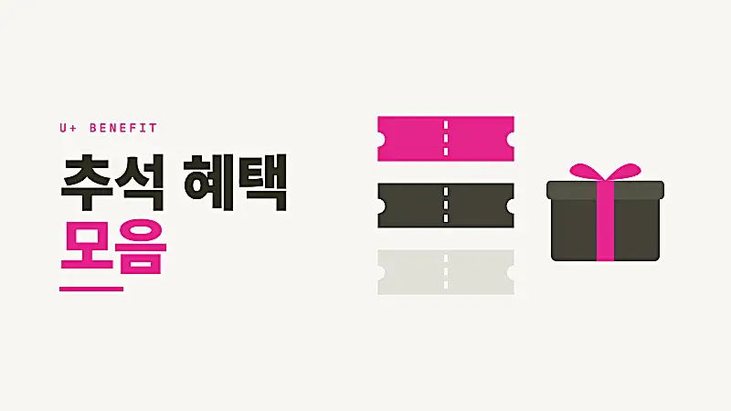 쿠폰 티켓 여러 장과 선물박스 아이콘으로 LG유플러스 유플투쁠 추석 혜택 모음을 표현한 그래픽