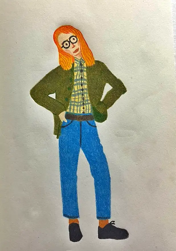 카리나 핏 청바지를 입은 여자의 모습을 색연필로 woolim이 직접 그린 그림